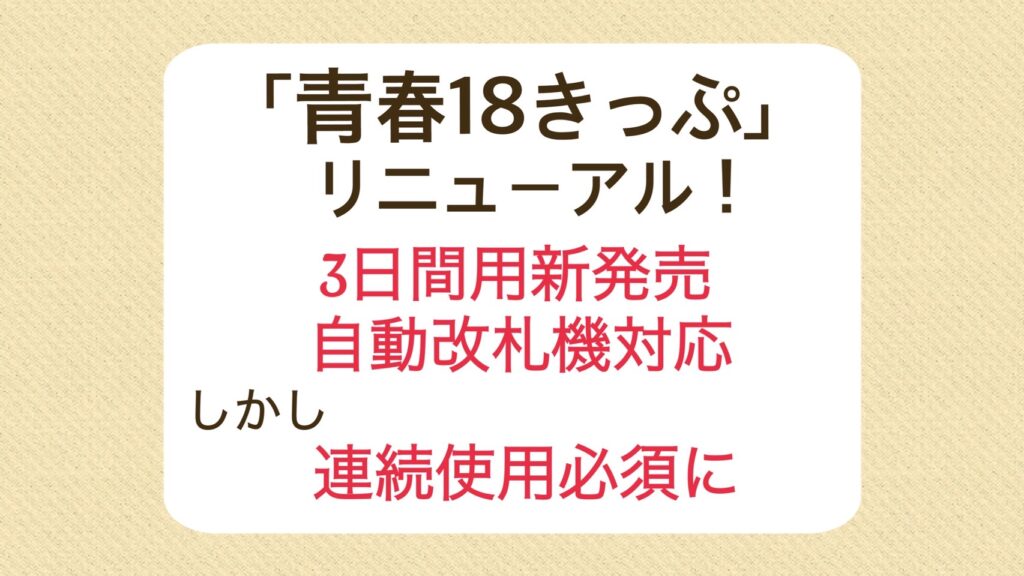 「青春18きっぷ」リニューアル！3日間用新発売・自動改札機可、しかし連続使用必須に